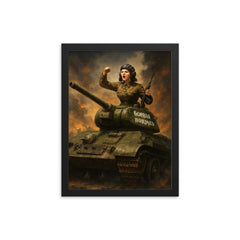 Mariya Oktyabrskaya atop her tank Fighting Girlfriend framed print on a plain backdrop in size 12"x16".