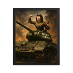 Mariya Oktyabrskaya atop her tank Fighting Girlfriend framed print on a plain backdrop in size 16"x20".