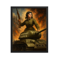 Mariya Oktyabrskaya atop her tank Fighting Girlfriend framed print on a plain backdrop in size 16"x20".