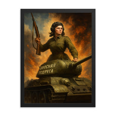 Mariya Oktyabrskaya atop her tank Fighting Girlfriend framed print on a plain backdrop in size 18"x24".