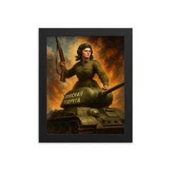 Mariya Oktyabrskaya atop her tank Fighting Girlfriend framed print on a plain backdrop in size 8"x10".