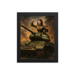 Mariya Oktyabrskaya atop her tank Fighting Girlfriend framed print on a plain backdrop in size 8"x10".