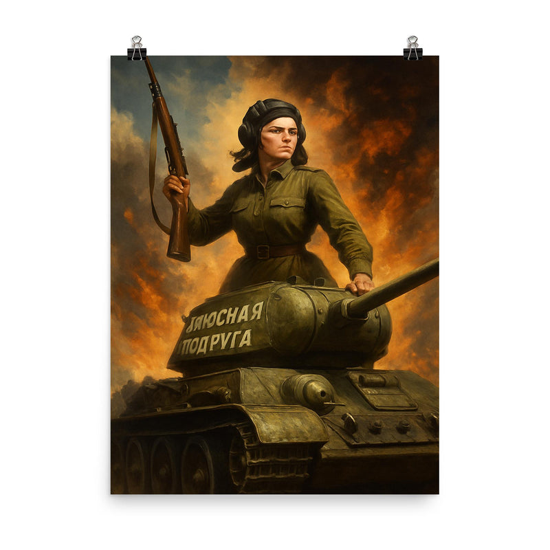 Mariya Oktyabrskaya atop her tank Fighting Girlfriend poster on a plain backdrop in size 8