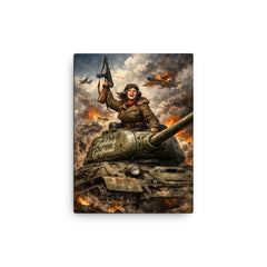 Mariya Oktyabrskaya atop tank Fighting Girlfriend canvas print on a plain backdrop in size 12"x16".