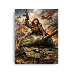 Mariya Oktyabrskaya atop tank Fighting Girlfriend canvas print on a plain backdrop in size 16"x20".
