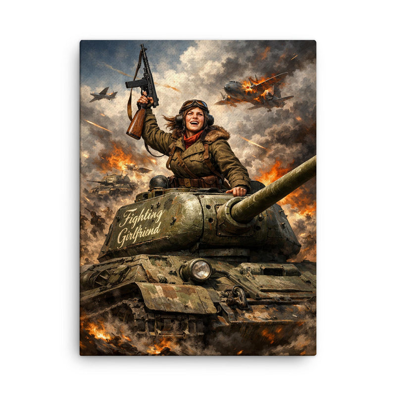 Mariya Oktyabrskaya atop tank Fighting Girlfriend canvas print on a plain backdrop in size 18