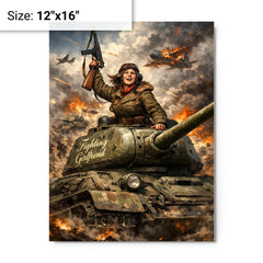 Mariya Oktyabrskaya atop tank Fighting Girlfriend metal print on a plain backdrop in size 12"x16".