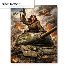 Mariya Oktyabrskaya atop tank Fighting Girlfriend metal print on a plain backdrop in size 16"x20".