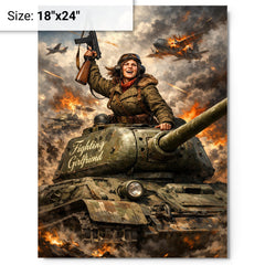 Mariya Oktyabrskaya atop tank Fighting Girlfriend metal print on a plain backdrop in size 18"x24".