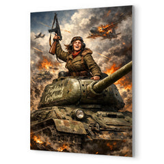 Mariya Oktyabrskaya atop tank Fighting Girlfriend metal print mockup