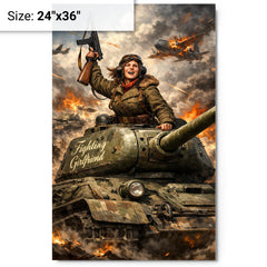 Mariya Oktyabrskaya atop tank Fighting Girlfriend metal print on a plain backdrop in size 24"x36".