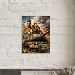 Mariya Oktyabrskaya atop tank Fighting Girlfriend metal print mockup