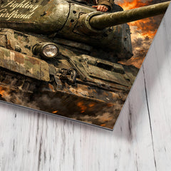 Mariya Oktyabrskaya atop tank Fighting Girlfriend metal print mockup