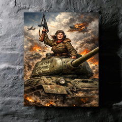 Mariya Oktyabrskaya atop tank Fighting Girlfriend metal print mockup