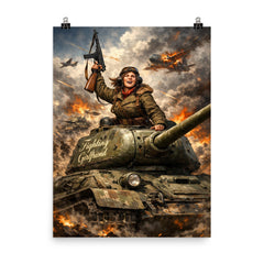 Mariya Oktyabrskaya atop tank Fighting Girlfriend poster on a plain backdrop in size 8"x10".