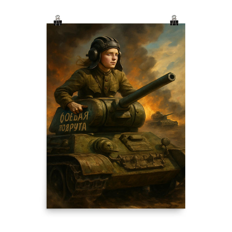 Mariya Oktyabrskaya driving her tank Fighting Girlfriend poster on a plain backdrop in size 8