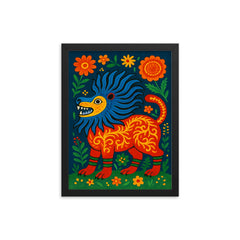 Mariya Prymachenko beasts in vivid folk cosmology framed print on a plain backdrop in size 12"x16".