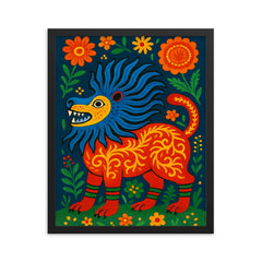 Mariya Prymachenko beasts in vivid folk cosmology framed print on a plain backdrop in size 16"x20".