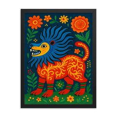 Mariya Prymachenko beasts in vivid folk cosmology framed print on a plain backdrop in size 18"x24".