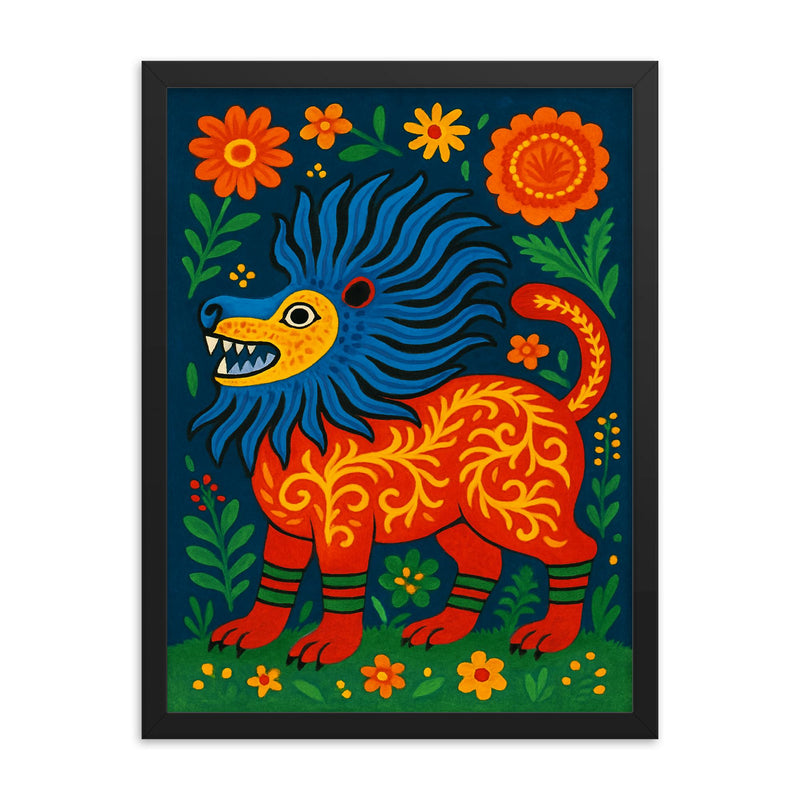 Mariya Prymachenko beasts in vivid folk cosmology framed print on a plain backdrop in size 18