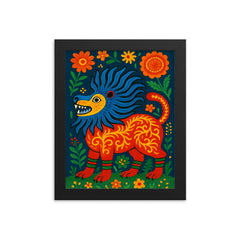 Mariya Prymachenko beasts in vivid folk cosmology framed print on a plain backdrop in size 8"x10".