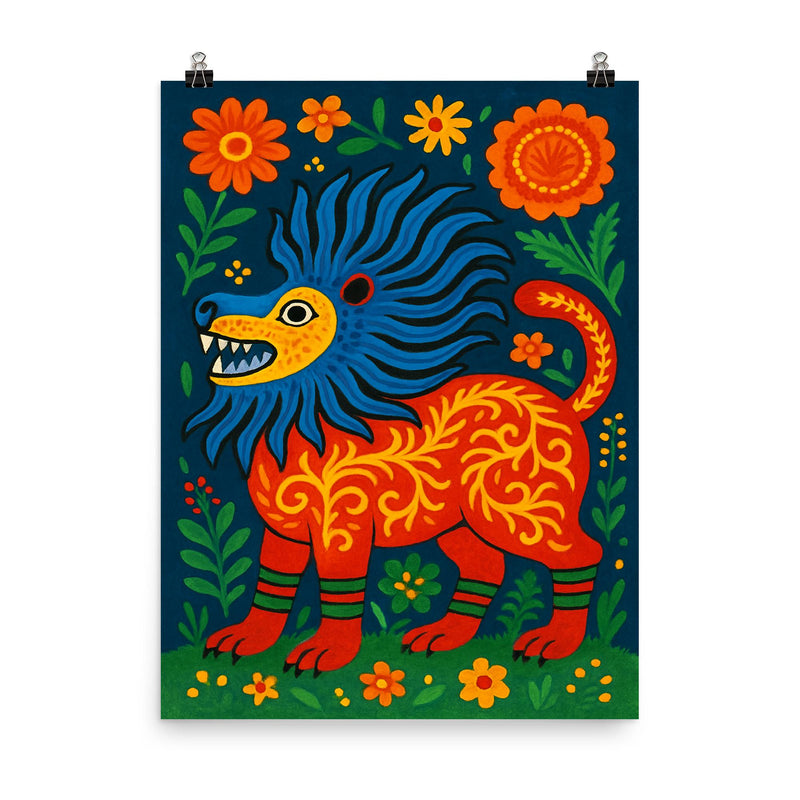 Mariya Prymachenko beasts in vivid folk cosmology poster on a plain backdrop in size 8