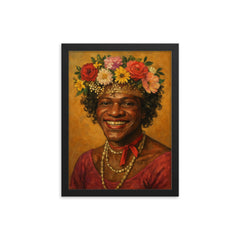 Marsha P Johnson flower crown portrait framed print on a plain backdrop in size 12"x16".