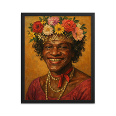Marsha P Johnson flower crown portrait framed print on a plain backdrop in size 16"x20".