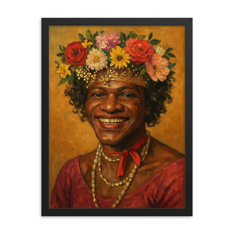 Marsha P Johnson flower crown portrait framed print on a plain backdrop in size 18