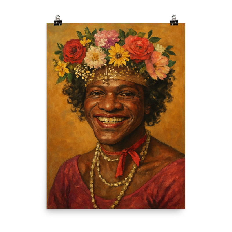 Marsha P Johnson flower crown portrait poster on a plain backdrop in size 8