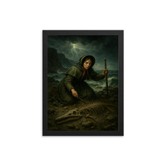 Mary Anning discovering ichthyosaur bones in storm framed print on a plain backdrop in size 12"x16".
