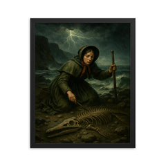Mary Anning discovering ichthyosaur bones in storm framed print on a plain backdrop in size 16"x20".