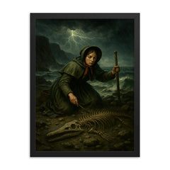 Mary Anning discovering ichthyosaur bones in storm framed print on a plain backdrop in size 18"x24".