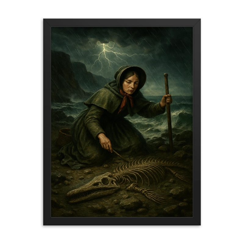Mary Anning discovering ichthyosaur bones in storm framed print on a plain backdrop in size 18