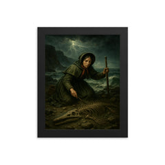 Mary Anning discovering ichthyosaur bones in storm framed print on a plain backdrop in size 8"x10".