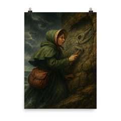 Mary Anning discovering ichthyosaur in cliff storm poster on a plain backdrop in size 8"x10".