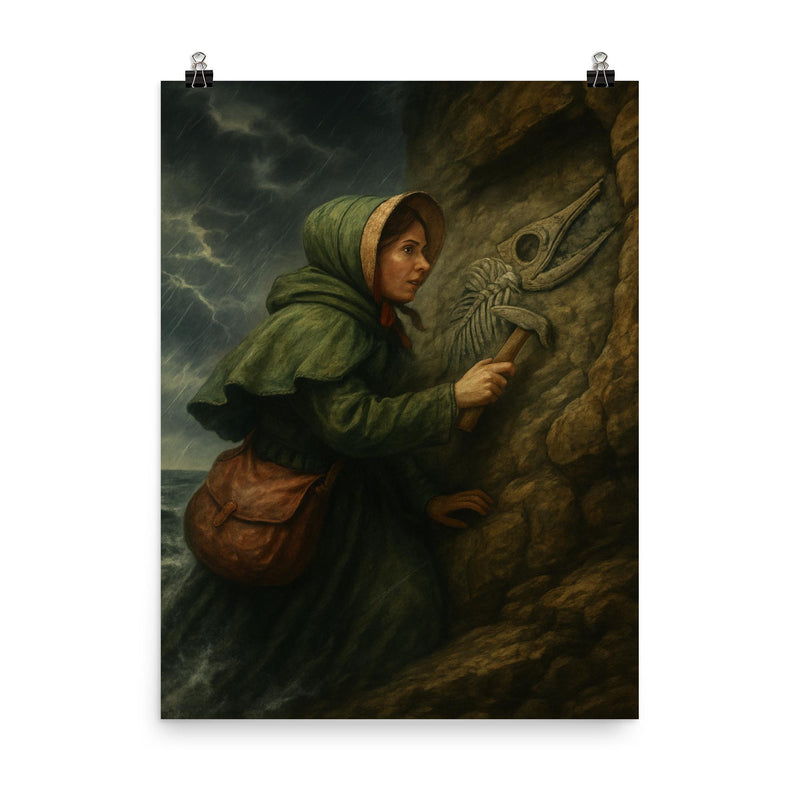 Mary Anning discovering ichthyosaur in cliff storm poster on a plain backdrop in size 8