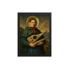 Mary Anning holding ichthyosaur skull framed print on a plain backdrop in size 12"x16".