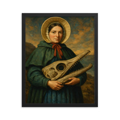 Mary Anning holding ichthyosaur skull framed print on a plain backdrop in size 16"x20".