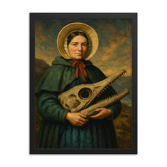 Mary Anning holding ichthyosaur skull framed print on a plain backdrop in size 18"x24".