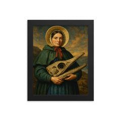 Mary Anning holding ichthyosaur skull framed print on a plain backdrop in size 8"x10".