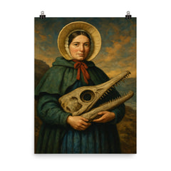 Mary Anning holding ichthyosaur skull poster on a plain backdrop in size 8"x10".