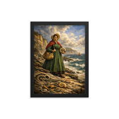Mary Anning on Lyme Regis fossil cliffs framed print on a plain backdrop in size 12"x16".