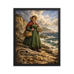 Mary Anning on Lyme Regis fossil cliffs framed print on a plain backdrop in size 16"x20".