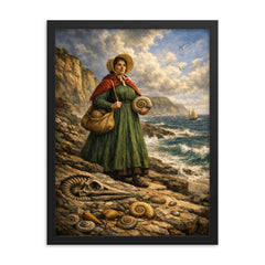 Mary Anning on Lyme Regis fossil cliffs framed print on a plain backdrop in size 18"x24".