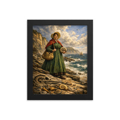 Mary Anning on Lyme Regis fossil cliffs framed print on a plain backdrop in size 8"x10".