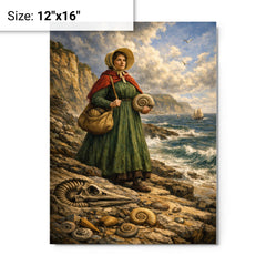 Mary Anning on Lyme Regis fossil cliffs metal print on a plain backdrop in size 12"x16".
