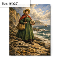 Mary Anning on Lyme Regis fossil cliffs metal print on a plain backdrop in size 16"x20".