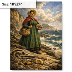 Mary Anning on Lyme Regis fossil cliffs metal print on a plain backdrop in size 18"x24".