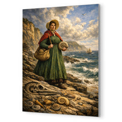 Mary Anning on Lyme Regis fossil cliffs metal print mockup
